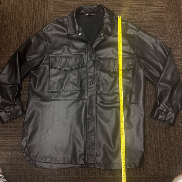 Zara Black Leather Jacket Oversized Shacket With Front Pockets Collared Buttons - Picture 5 of 14